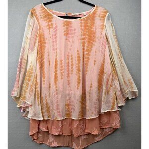 Soft Surroundings Sz Large Lisette Pink Orange Coral Tie Dye Floral Layered Top